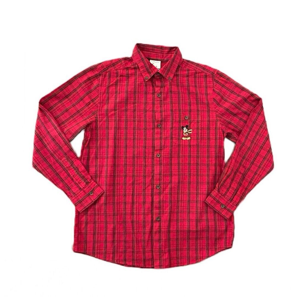 The Disney Store Mens‎ Small Red Plaid Shirt Button Up Embroidered Mickey Mouse - Picture 4 of 8